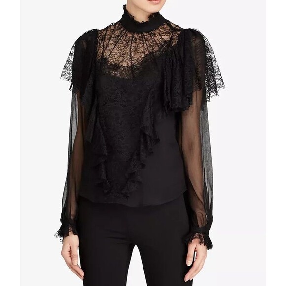 POLO RALPH LAUREN BLACK LACE RUFFLES HIGH COLLAR NECK SHEER LONG SLEEVES BLOUSE - Picture 1 of 9